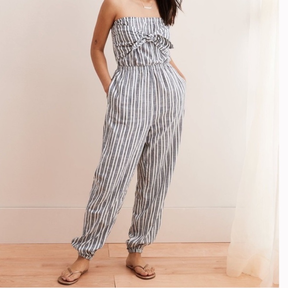 Aerie strapless jumpsuit blue white stripe bandeau jogger tie front jumpsuit